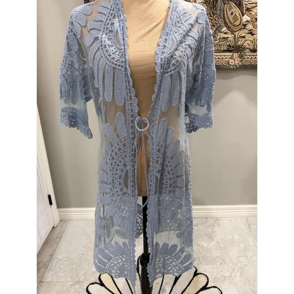 Swim Cover Up Womens Medium Blue Sheer Embroidered Lace Kimono Duster Beach